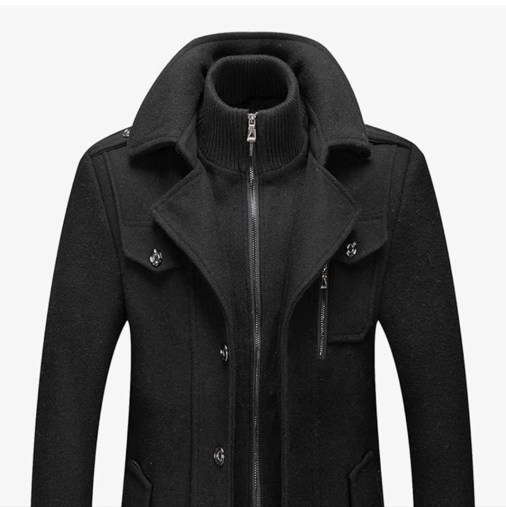 PRIJOUHE Men's Wool Blend Pea Coat Single Breasted Slim Fit with Removable Scarf - Picture 3 of 12
